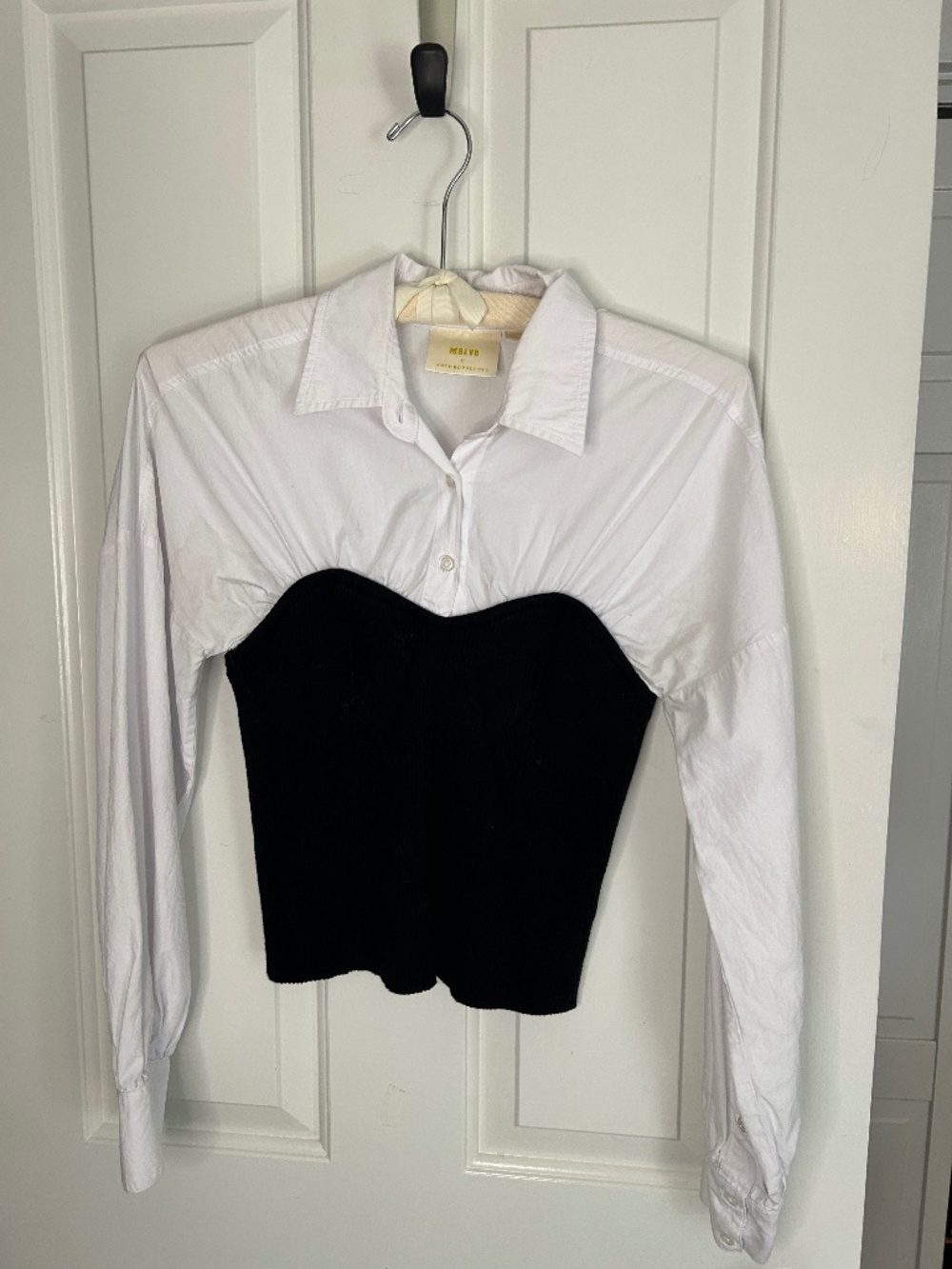 Maeve Long-Sleeve Ruched Tube Twofer Sweater - White and Black - Size Small
